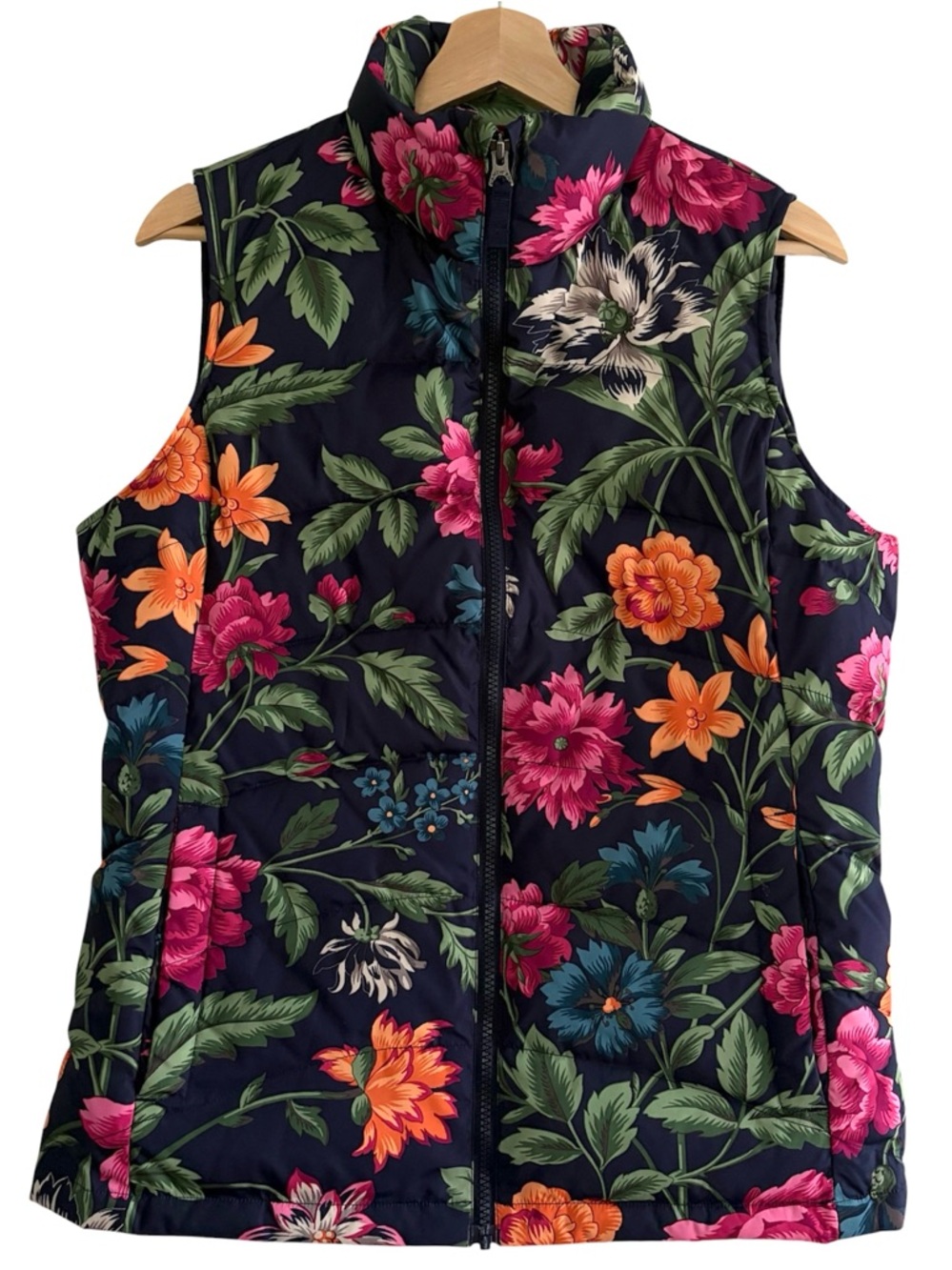 Lands End Floral Down Fill Puffer Vest Zip Up Navy Blue Colorful Quilted S 6 8